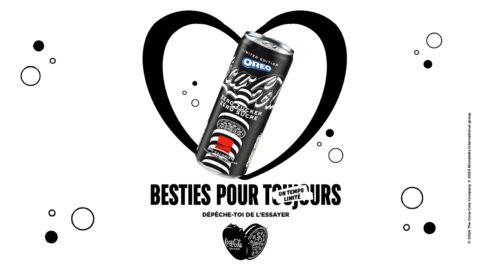 Canette de Coca-Cola Creations OREO dans un cœur, avec en dessous le texte : Besties pour toujours.