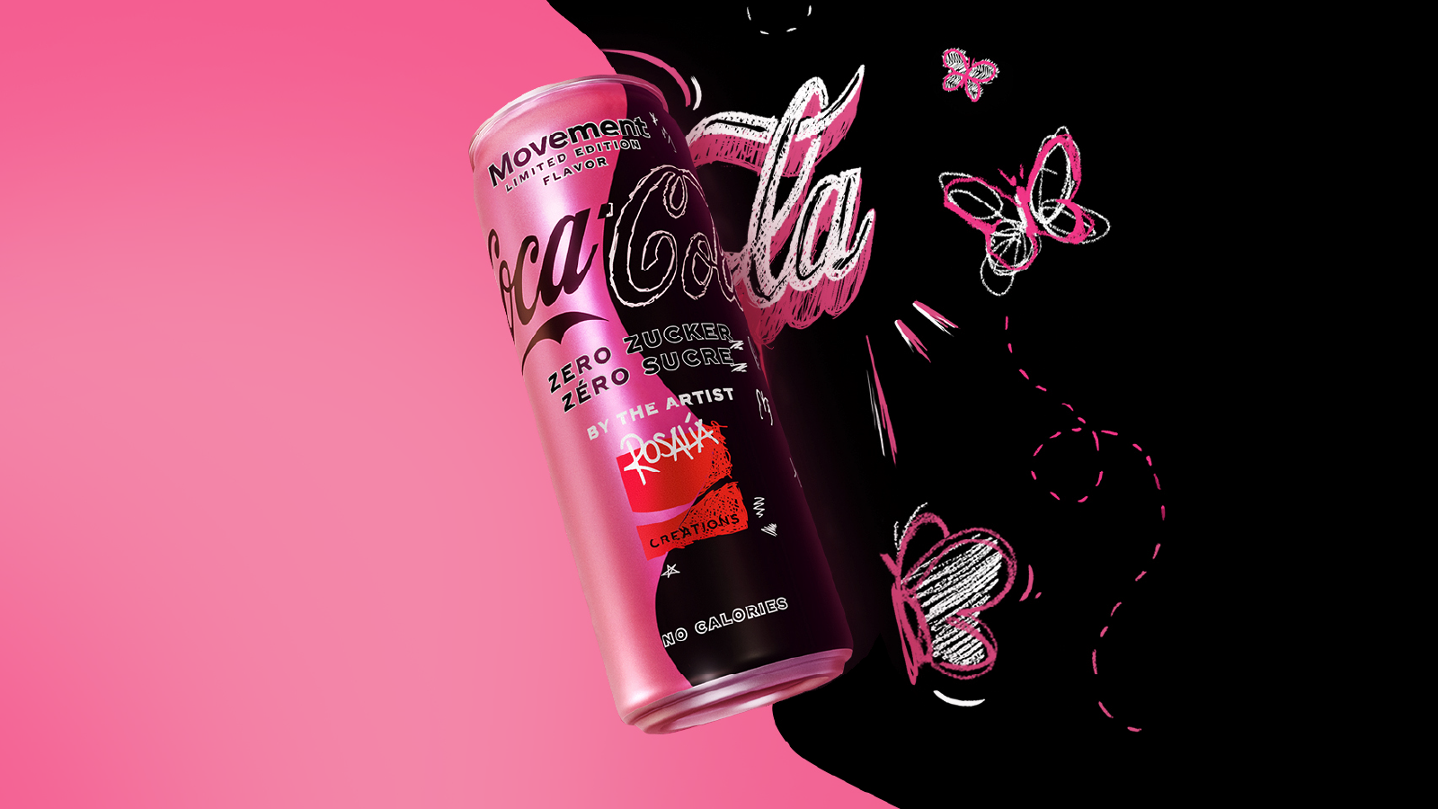 Coca-Cola Creations Move Dose auf rosa-schwarzem Hintergrund