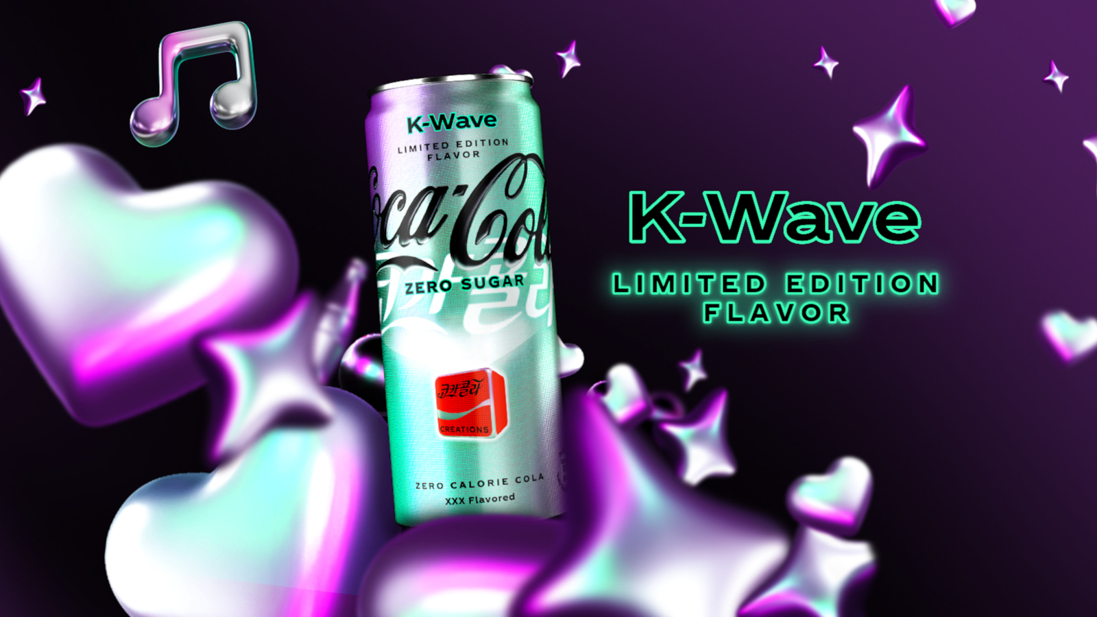 Coca-Cola Creations K-Wave Dose auf violettem Hintergrund, umgeben von Stern-, Herz- und Noten-Icons