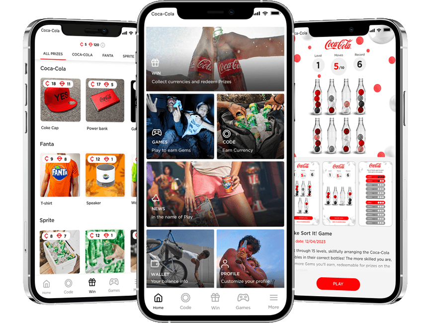 Image des écrans avec l'app de Coca-Cola