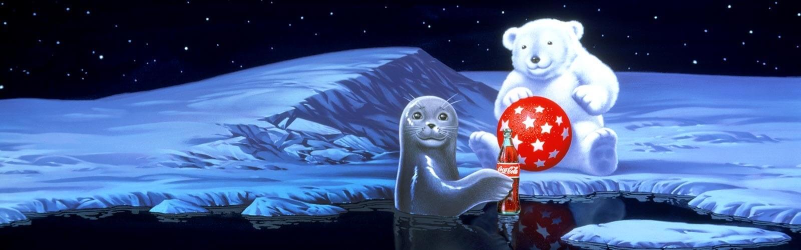 Un phoque avec un Coca-Cola et un ours polaire avec un ballon rouge à étoiles blanches.