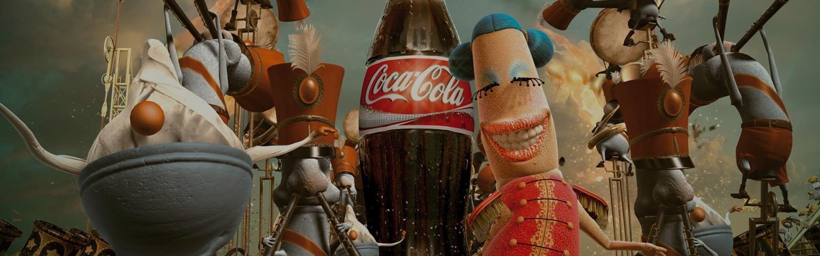 Une publicité Coca-Cola avec des personnages dansants et une grande bouteille de Coca-Cola.