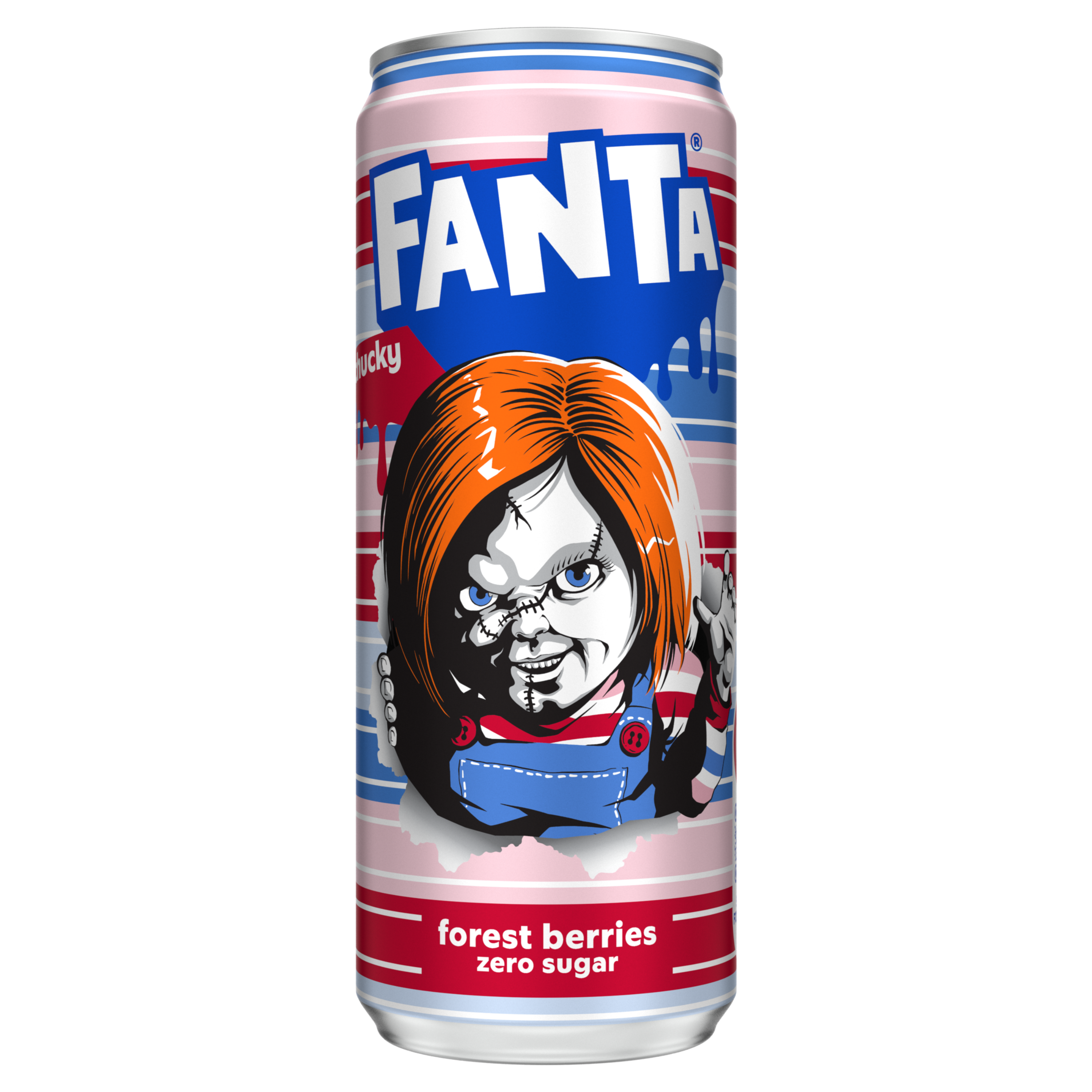 Fanta mixed Berry punch can with Chucky image featured on the front