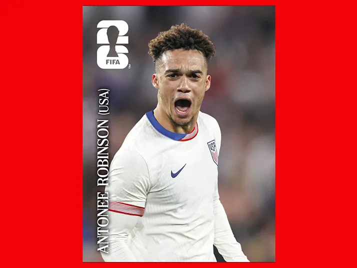 FIFA World Cup 2026 Panini sticker of a Football player celebrating.