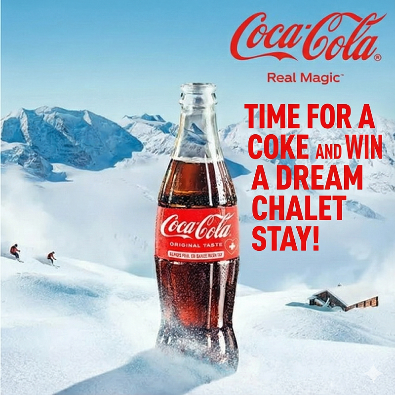 Ein großer Lastwagen ist in festlichem Coca‑Cola‑Weihnachtsdesign, mit Lichtern und Dekorationen, rot gestaltet.