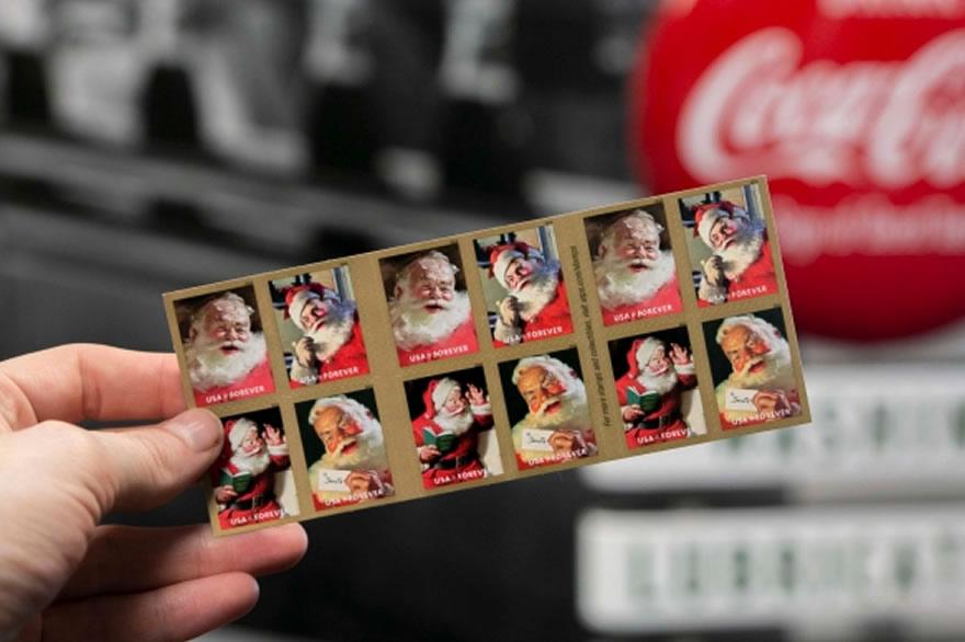 Cette année, des timbres à l’effigie des pères Noël Coca-Cola ont été publiés aux États-Unis.