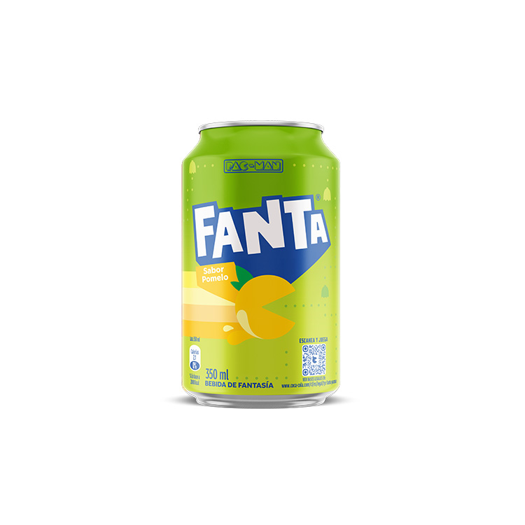Lata de 350 ml de la edición limitada de Fanta PAC-MAN sabor Pomelo.