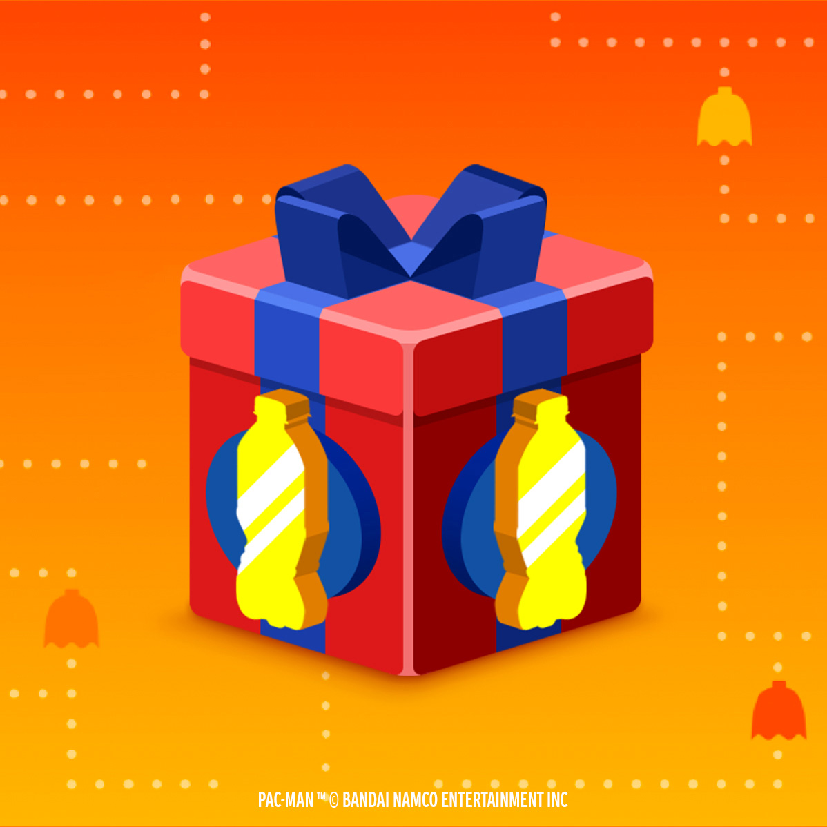 Caja de regalo roja, adornada con un moño azul y botellas doradas de Fanta en los laterales con un fondo naranja decorado con la temática de Pac-Man.