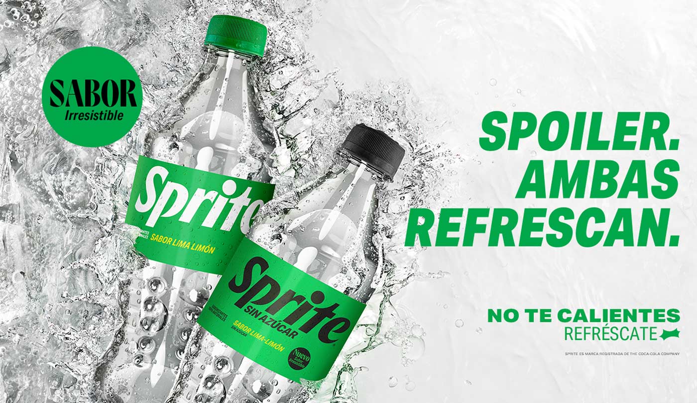 Botellas 500 cc Sprite nuevo sabor lima limón original y sin azúcar. Texto: Spoiler ambas refrescan.