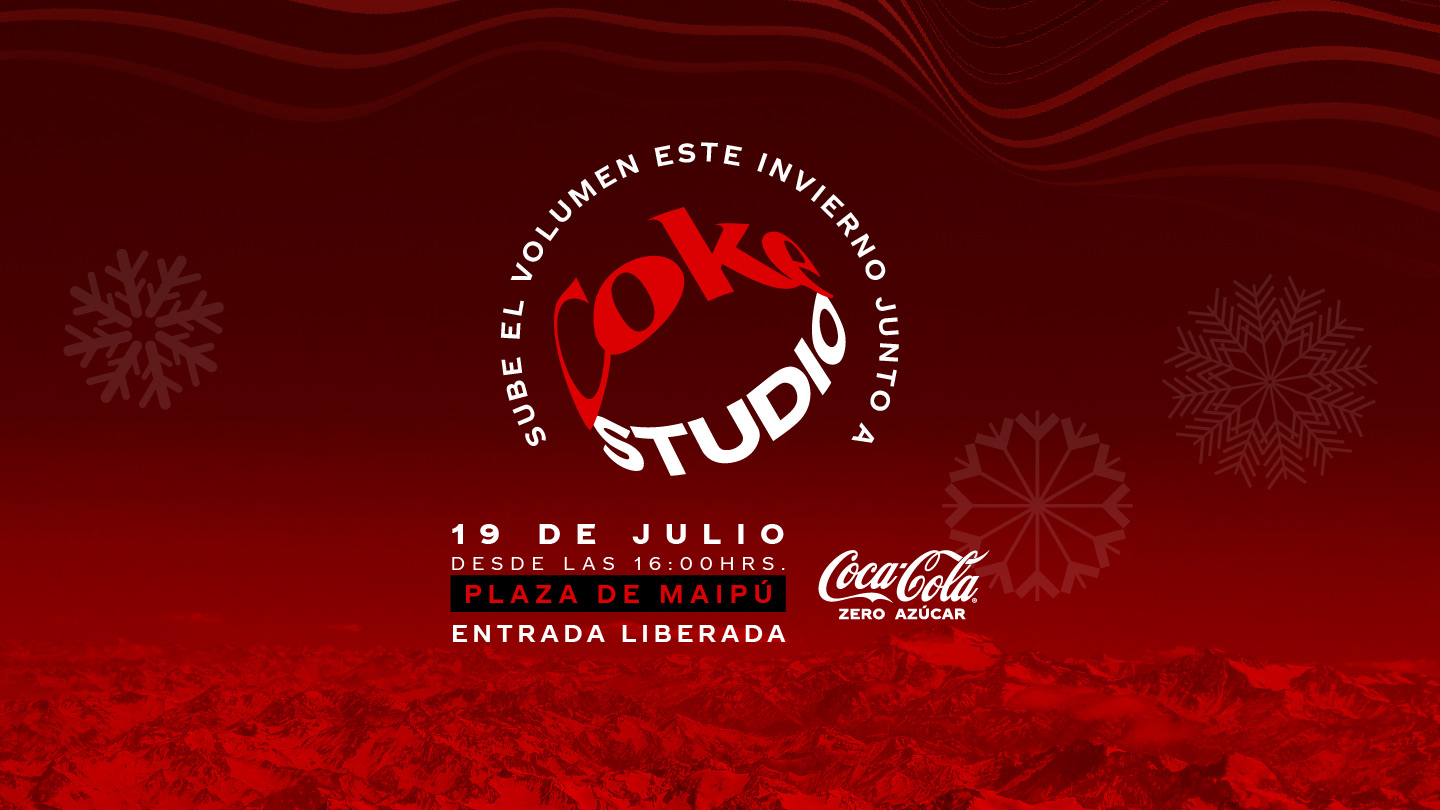 Banner promocional del evento Coke Studio en un fondo rojo con detalles decorativos de copos de nieve. El texto central dice: "Sube el volumen este invierno junto a Coke Studio". En la parte inferior, se indica la fecha y ubicación: "19 de julio desde las 16 horas, Plaza de Maipú, entrada liberada". A la derecha, aparece el logotipo de Coca-Cola.