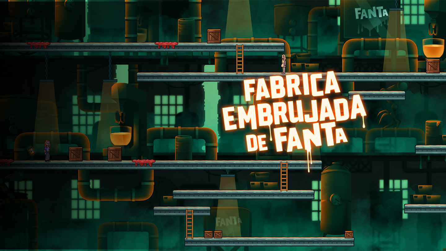Escenario de videojuego con plataformas en una fábrica oscura y misteriosa, decorada con tuberías y cajas. En el centro aparece el título “Fábrica Embrujada de Fanta” con letras brillantes estilo Halloween.