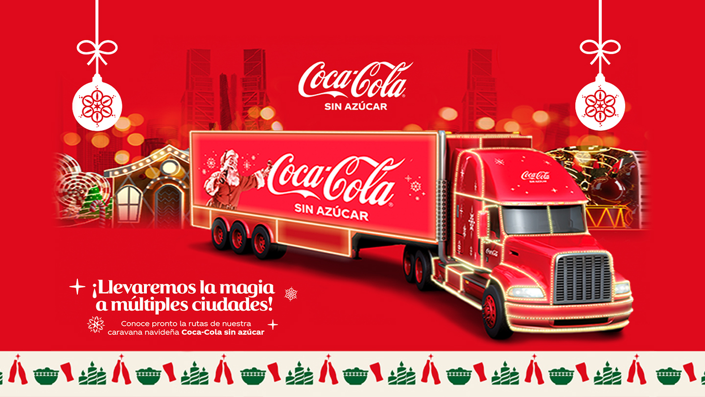Camión con logo de Coca-Cola, texto letras blancas en un fondo rojo.