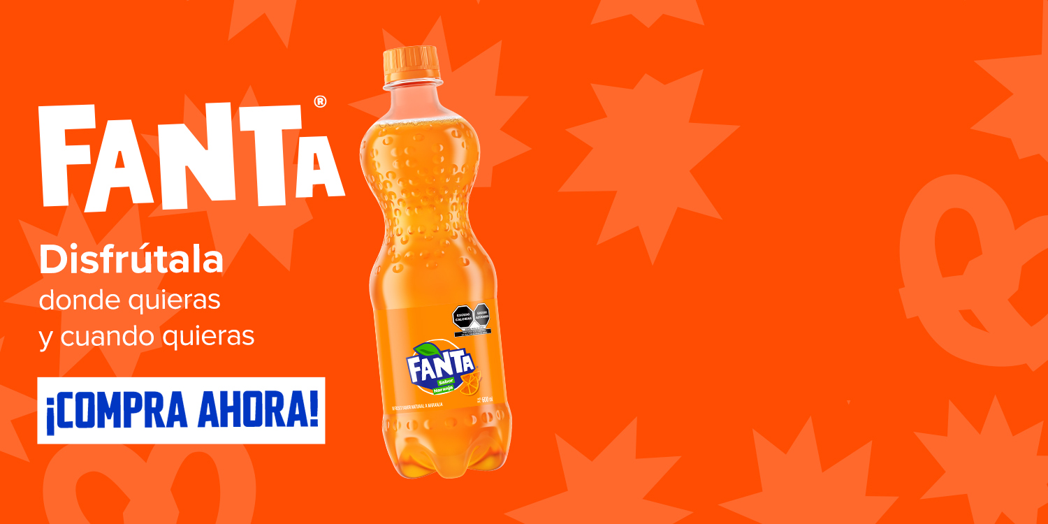  Botella de Fanta Naranja sobre un fondo naranja junto al logo de Fanta con un texto que dice “Disfrútala donde quieras y cuando quieras. Compra ahora” invitando a visitar el sitio Coca-Cola en tu hogar para comprar Fanta.