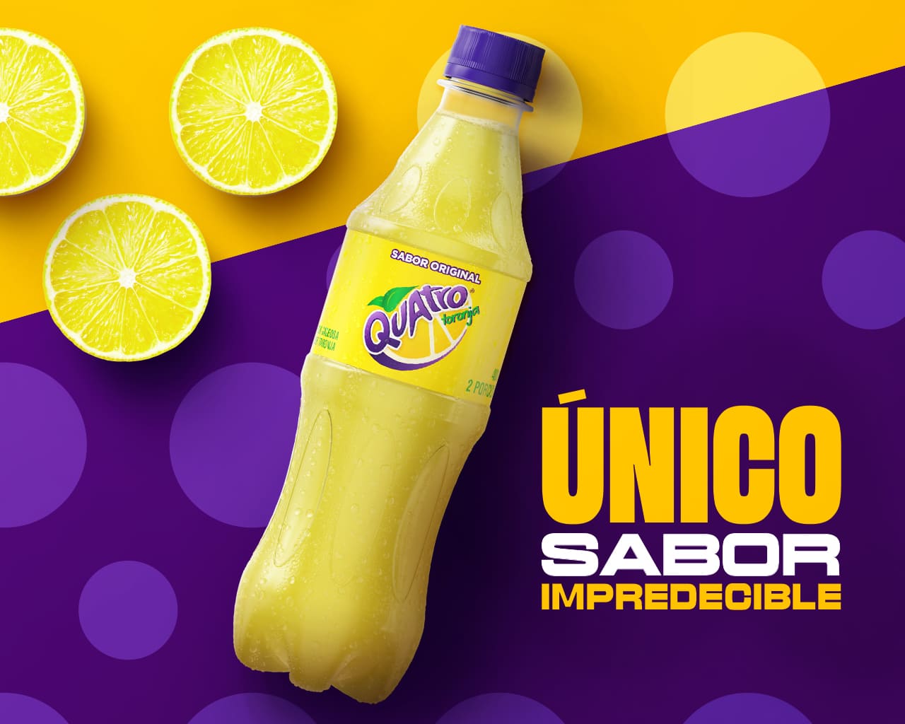 Imagen de fondo mitad amarillo y mitad violeta con la botella de Quatro delante y la frase "Unico Sabor Impredecible".