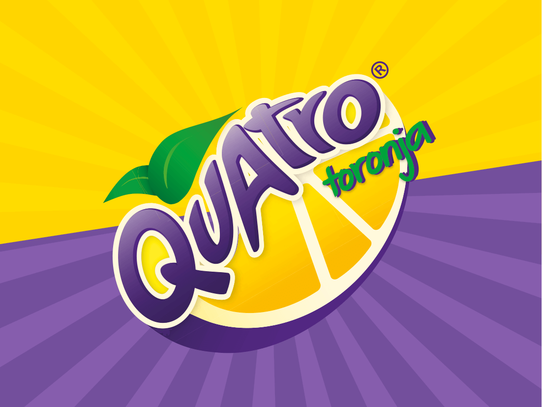 botella de bebida Quatro sabor Toronja sobre un fondo amarillo y violeta con lunares y limones