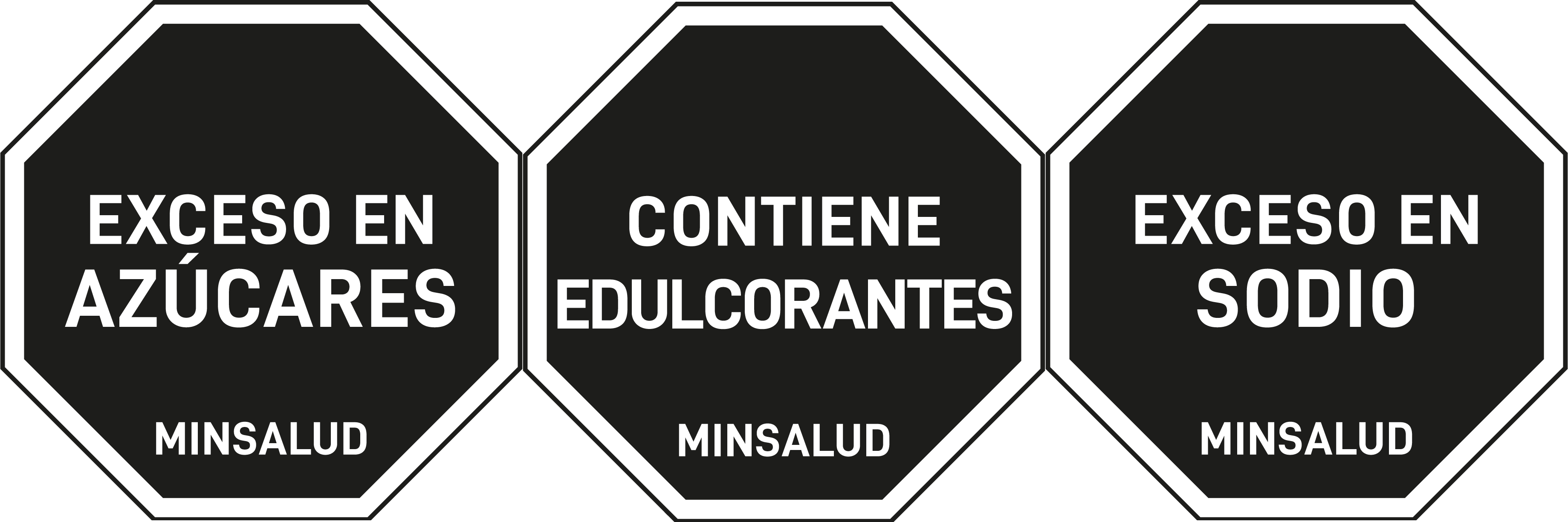 Exágonos de "Exceso en Azucares", "Contiene edulcorantes" y "Exceso en sodio"