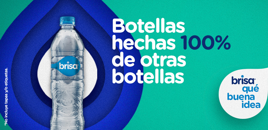 Botella Brisa sobre fondo azul con texto