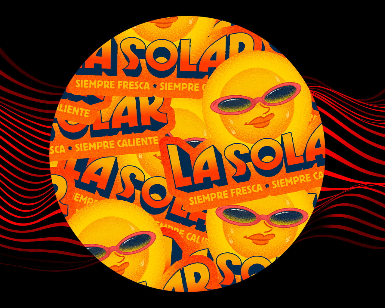 Logo del festival "La Solar" sobre un fondo negro con lineas onduladas de color rojo.