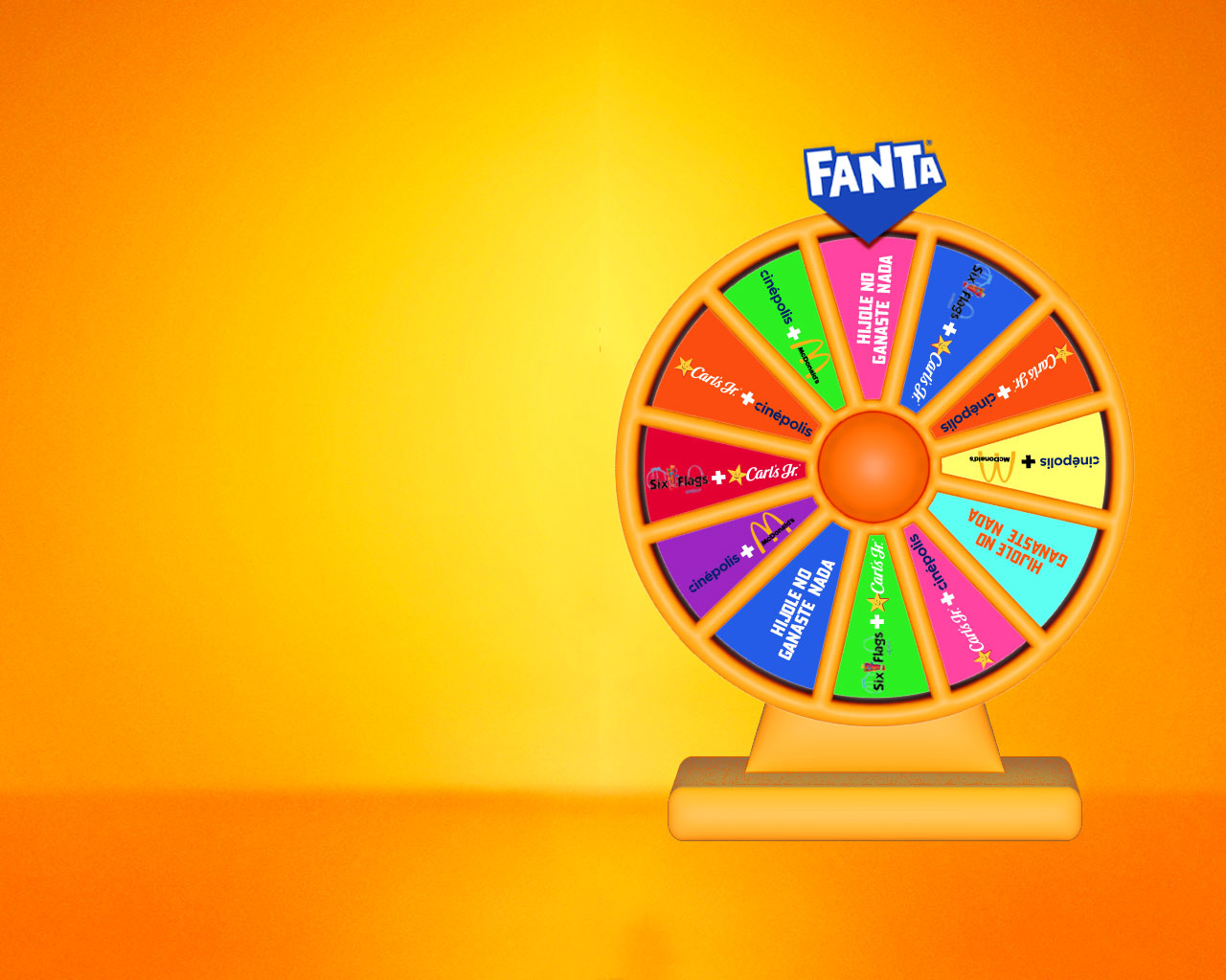 Ruleta de premios Fanta con múltiples colores sobre fondo naranja degradado.