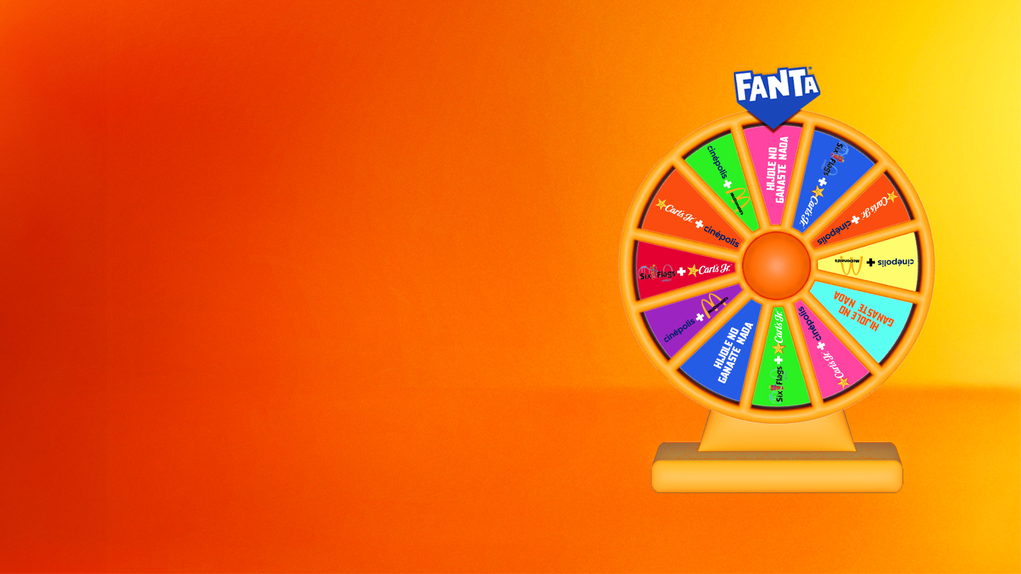 Ruleta de premios Fanta con múltiples colores sobre fondo naranja degradado.