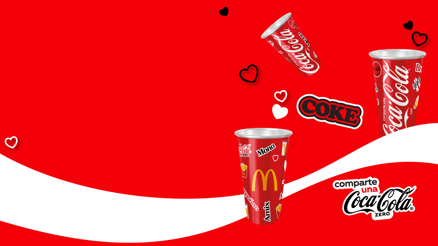 Fondo rojo con ilustraciones de vasos de Coca-Cola y Mc Donalds, junto al logo "Comparte una Coca-Cola Zero".