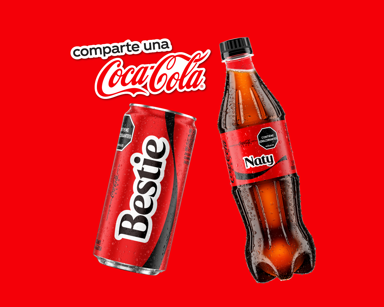 Una lata de Coca-Cola personalizada con la palabra "Bestie" y una botella de Coca-Cola Sin Azúcar personalizada con el nombre "Naty", sobre un fondo rojo.