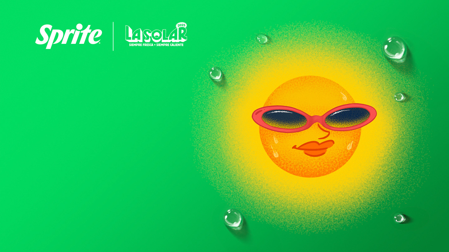 Sol con lentes de sol sobre un fondo verde junto a los logos de Sprite y el festival La Solar