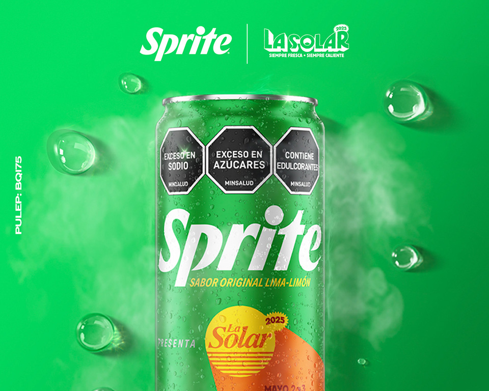 Lata helada de Sprite del festival La Solar de edición limitada sobre un fondo verde y los logos de Sprite y La Solar.