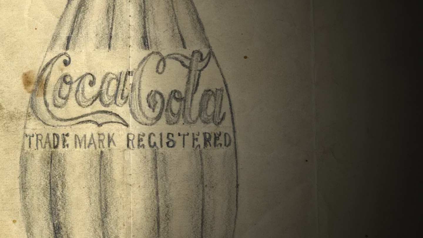 Boceto dibujado de botella Coca-Cola Trade Mark Registered