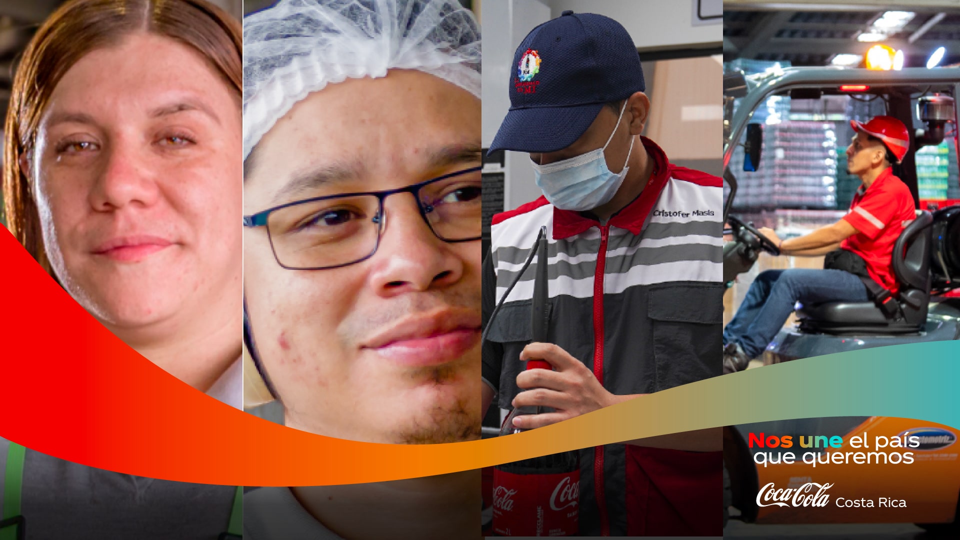 Collage de cuatro empleados de Coca-Cola Costa Rica: una mujer, un hombre con redecilla, un hombre con mascarilla y gorra sosteniendo una Coca-Cola, y un hombre operando una carretilla elevadora. Abajo, el lema "Nos une el país que queremos" y el logo de Coca-Cola Costa Rica.