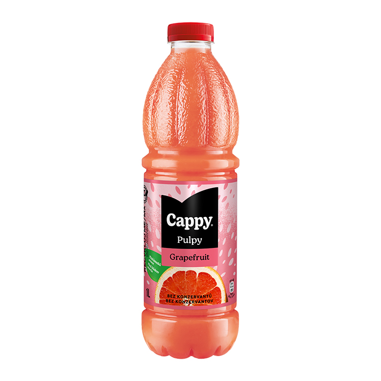 Cappy Pulpy Grapefruit, nesycený nápoj se šťávou z růžového grepu, jablkovou šťávou a dužinou, PET lahev