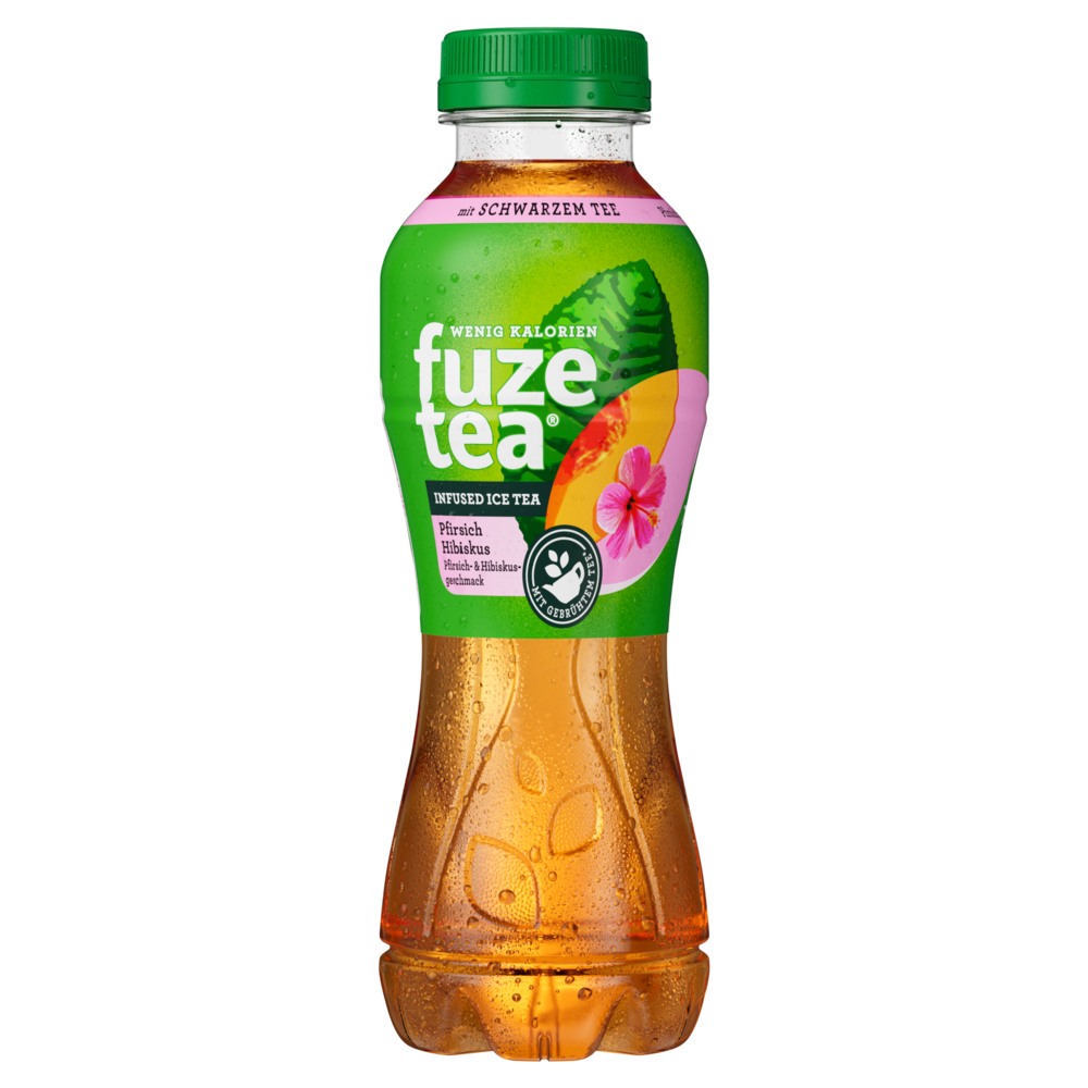Eine Flasche Fuze Tea Schwarzer Tee Pfirsich Hibiskus