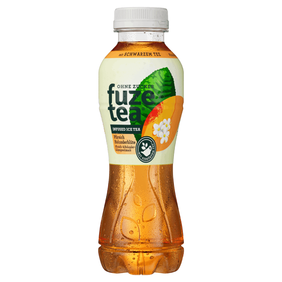 Eine Flasche Fuze Tea Schwarzer Tee Pfirsich Holunderblüte
