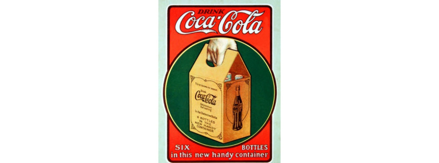 Werbegrafik aus den 20er Jahren des zwanzigsten Jahrunderts, mit der für das Coca-Cola-Sixpack geworben wurde.