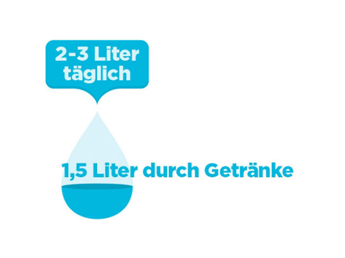 Grafik mit der der Angabe "2 bis 3 Liter täglich - davon 1,5 Liter durch Getränke"