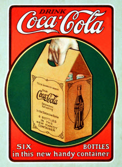 Werbegrafik aus den 20er Jahren des zwanzigsten Jahrunderts, mit der für das Coca-Cola-Sixpack geworben wurde.
