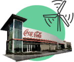 Illustration einer Coca-Cola-Produktionsstätte mit Windkraftsymbol