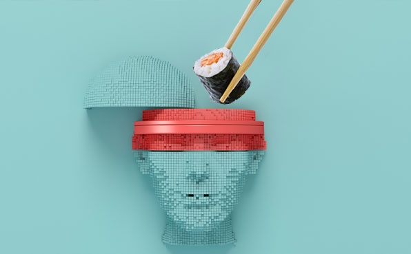 Grafische Darstellung eines Kopfes, in den Sushi gegeben wird