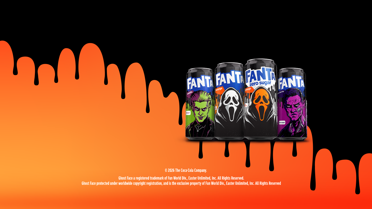 Limitierte Fanta-Halloween-Dosen aus der Haunted Collection mit den Sorten Fanta Orange, Fanta Orange Zero, und Fanta Forrest Berries