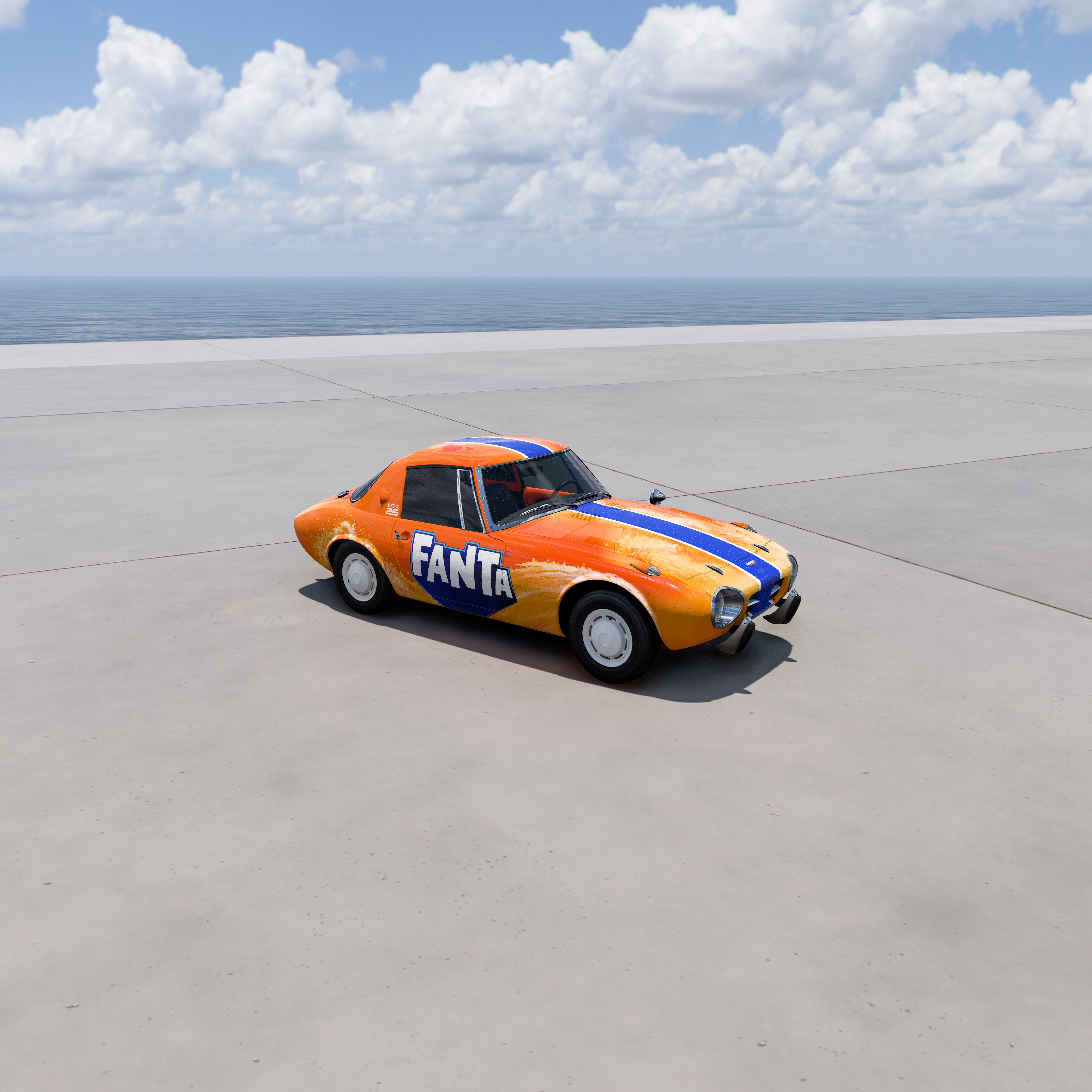 Ein orangefarbenes Auto steht mit offener Tür auf einem Strandparkplatz unter einem Forza Horizon 6-Logo.