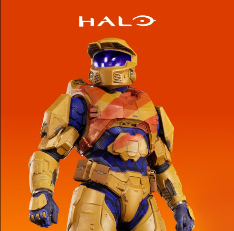 Master Chief trägt eine orangefarbene Fanta-Rüstung unter einem Halo-Logo vor einem orangefarbenen Hintergrund.