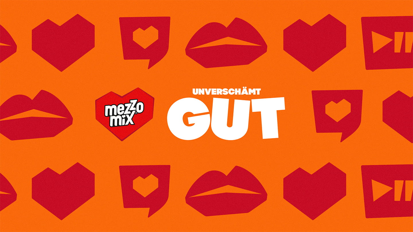 Mezzo-Mix-Logo auf orangefarbenem Hintergrund mit Grafiken von Lippen und Herzen.