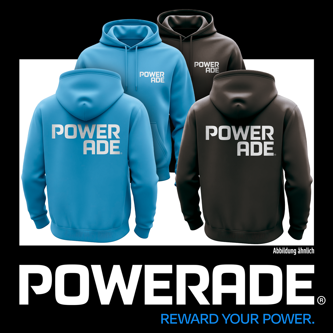 Schwarze und blaue Kapuzenpullover mit dem Powerade-Logo