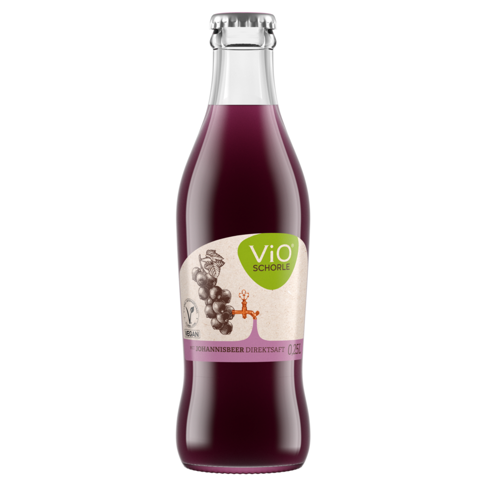Eine 0,25 Liter-Flasche ViO Schorle Johannisbeere