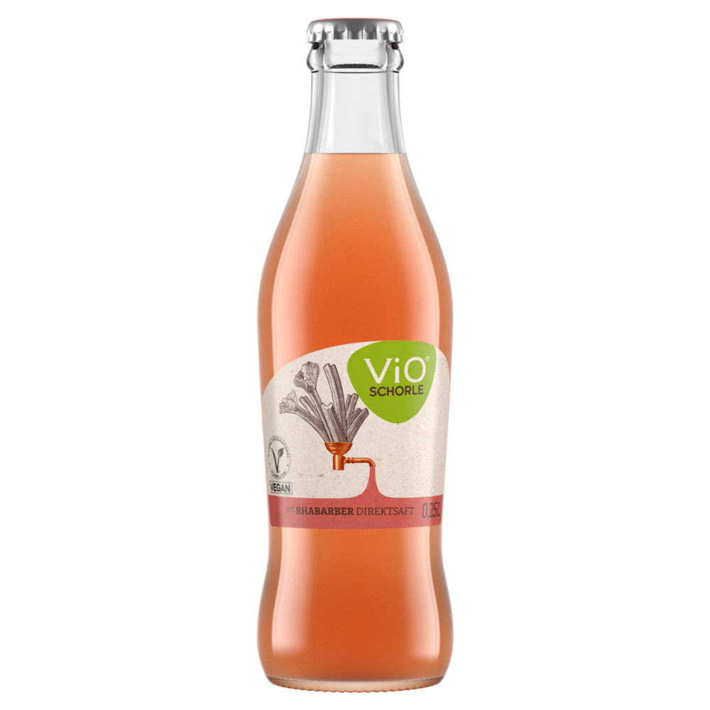 Eine 0,25 Liter-Flasche ViO Schorle Rhabarber