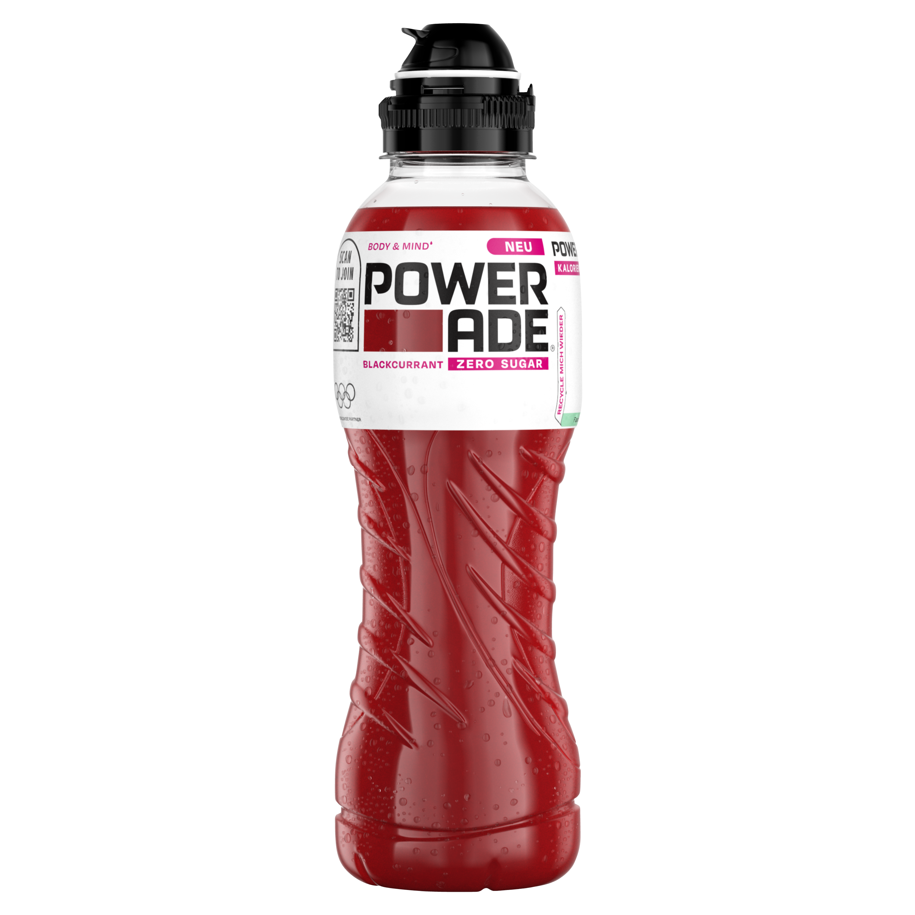 Eine Flasche Powerade Blackcurrant Zero PET 500ml