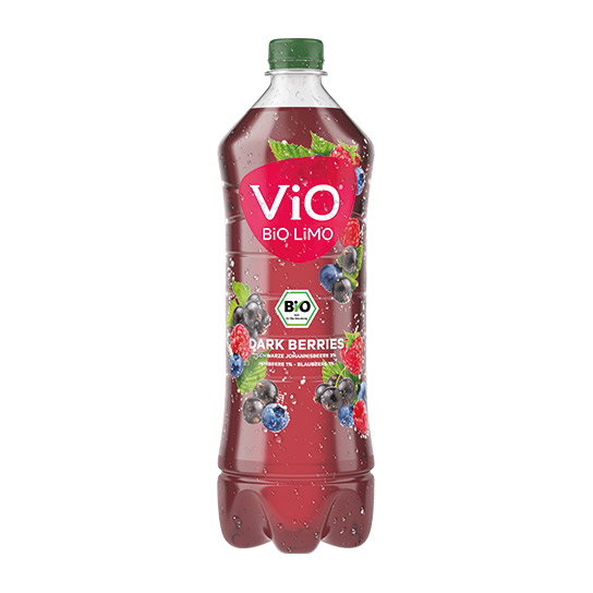 Eine 1 Liter-Flasche ViO BiO LiMO Dark Berries