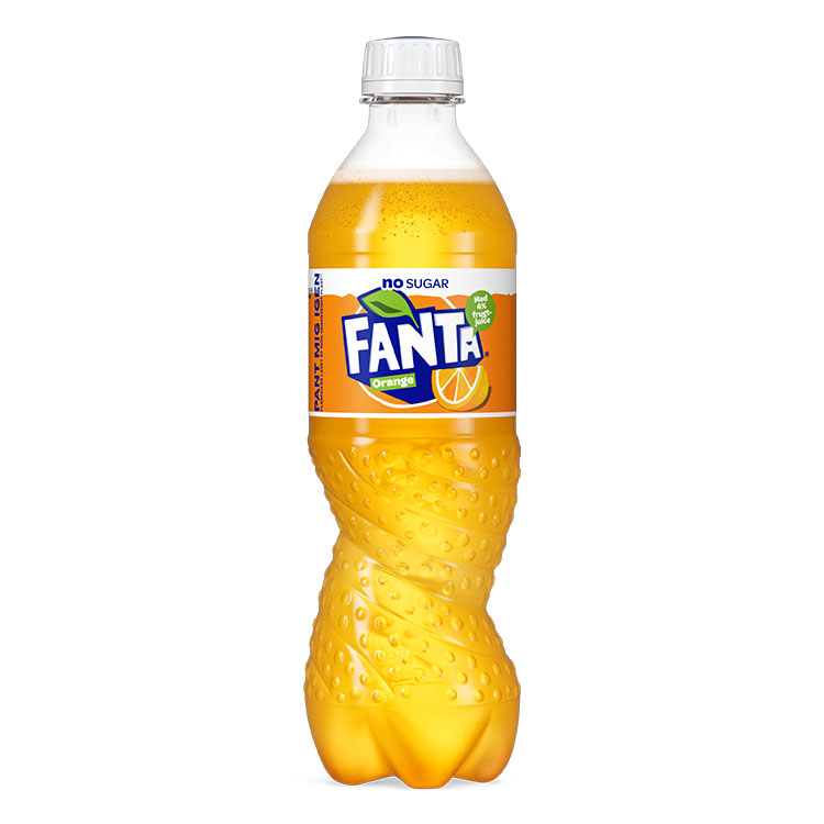 Sukkerfri Fanta Orange-plastikflaske på grå baggrund