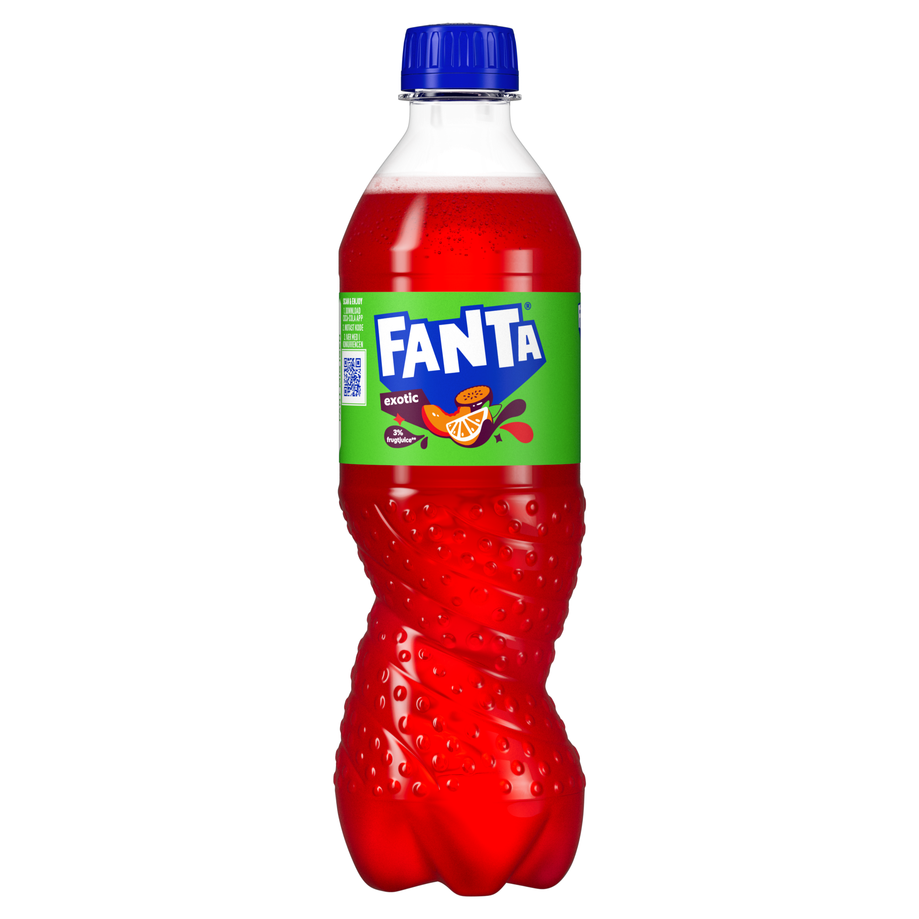 Fanta Exotic-plastikflaske på grå baggrund