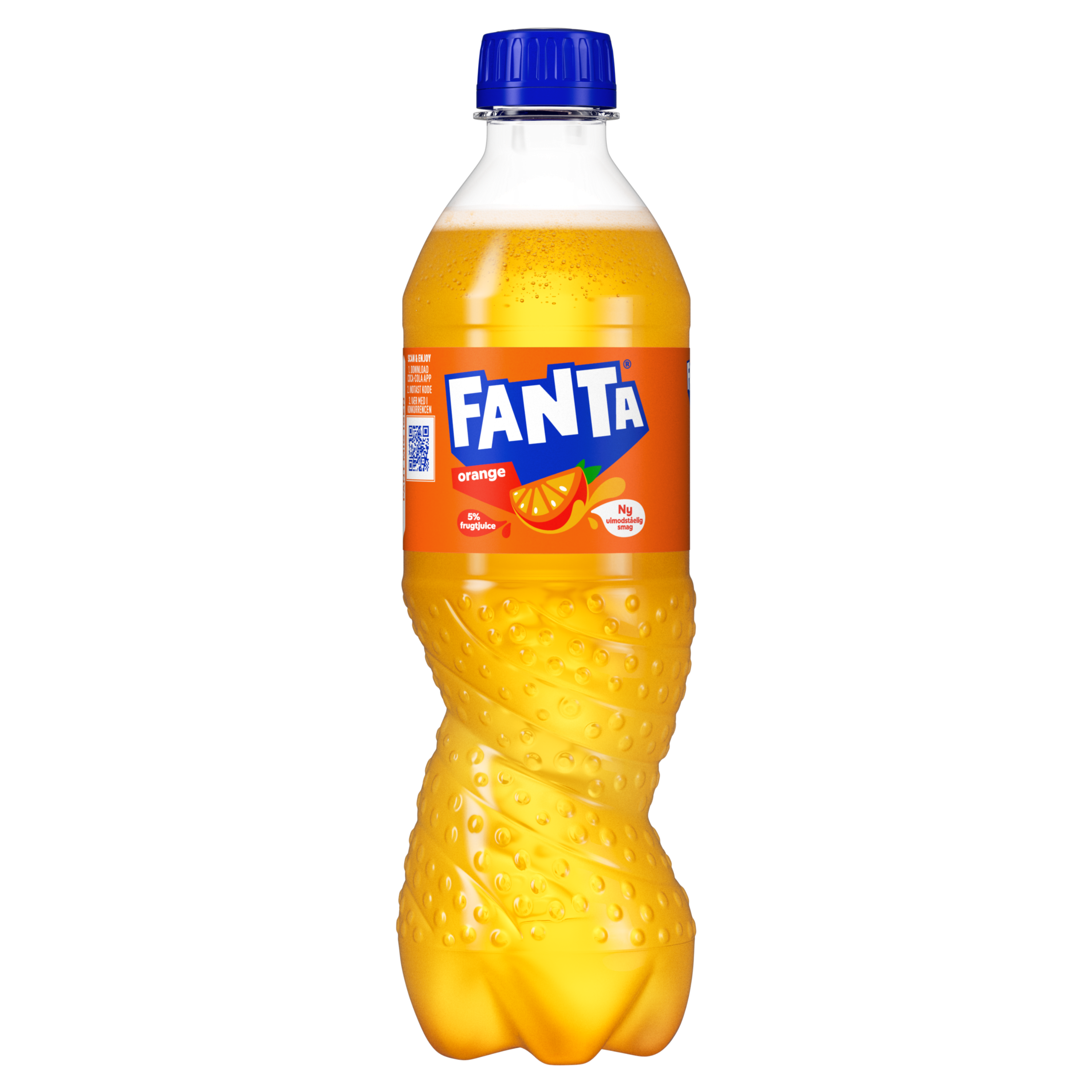 Fanta Orange-plastikflaske på grå baggrund